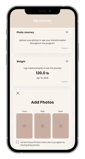 Phone screen showing a food tracker app with weight, meal log, and add photo section.