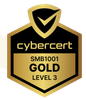 Cybercert SMB1001 Gold Level 3 badge: Black and gold shield with checkmark, 