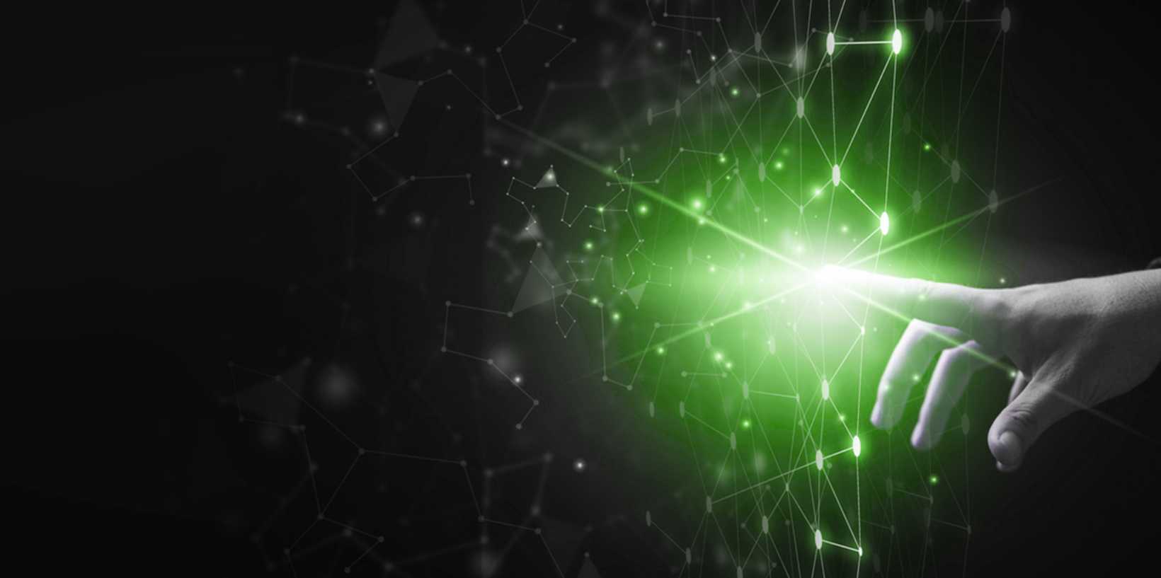 A hand touching a bright green, glowing digital network on a dark background.