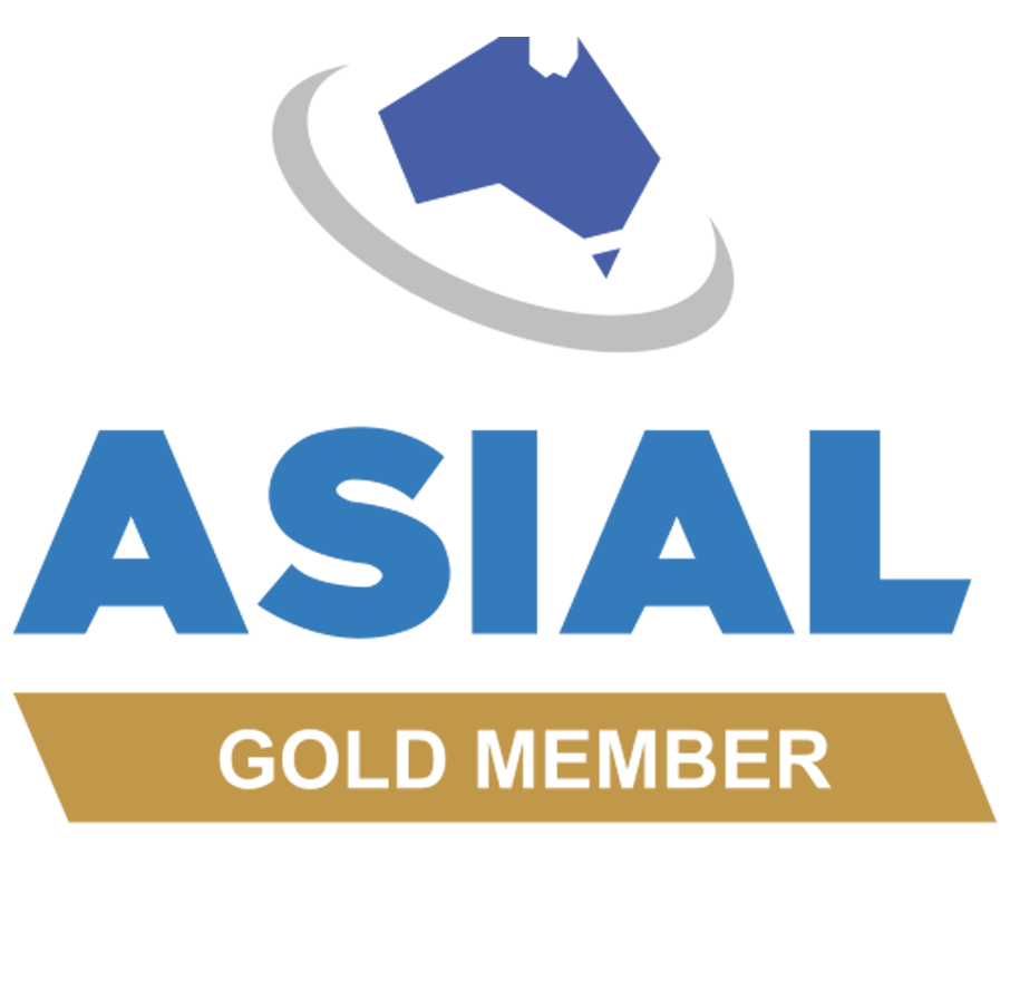 ASIAL Gold Member logo: blue text and symbol above gold banner.