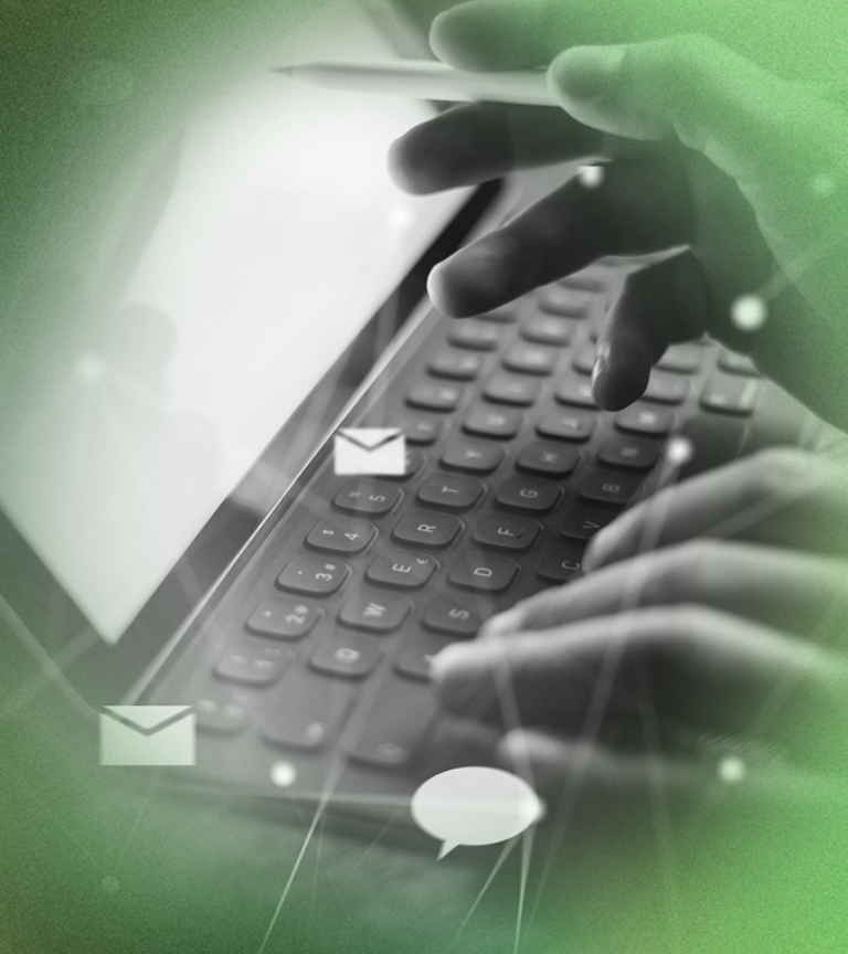 Hands typing on a tablet keyboard; digital communication with email and chat icons overlayed.