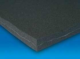 Pannello fonoassorbente grigio scuro con cucitura a vista su sfondo blu.