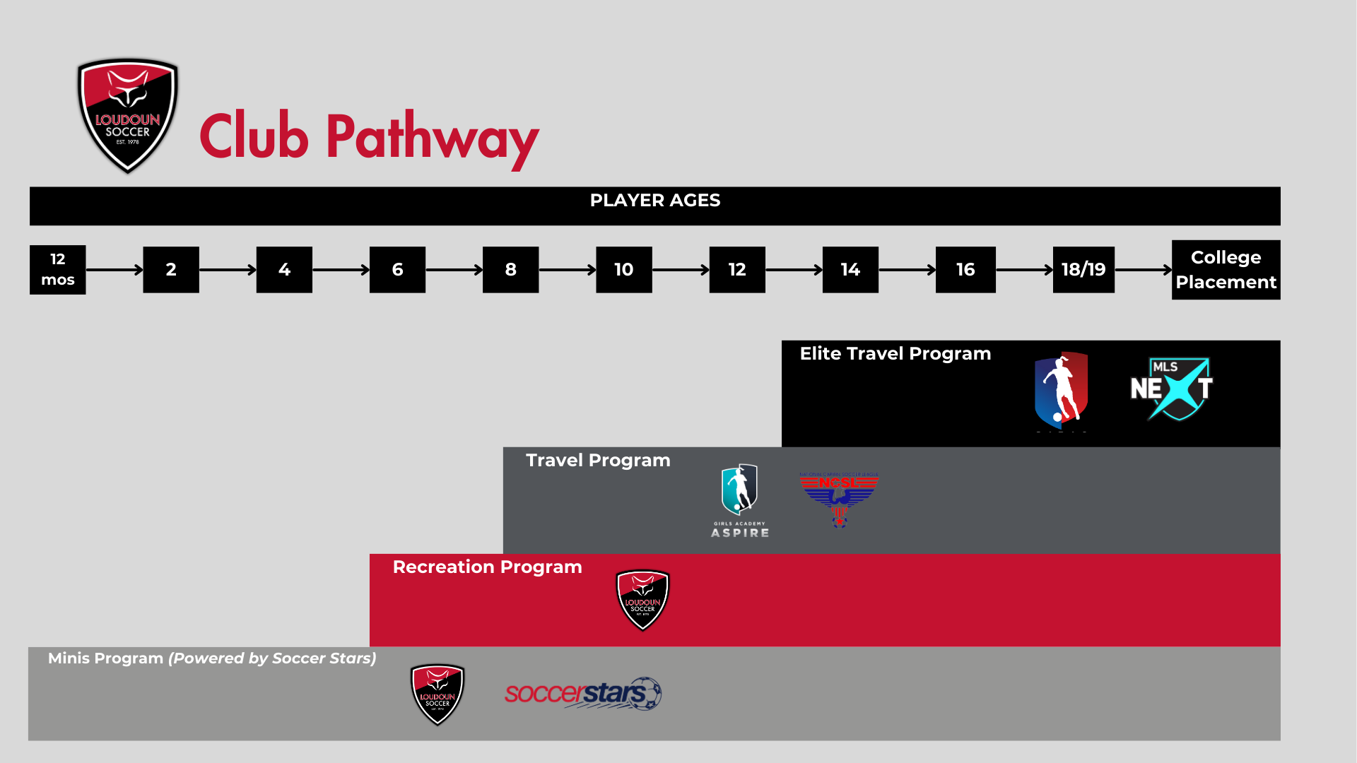 Loudoun Soccer pathway showing the different programs