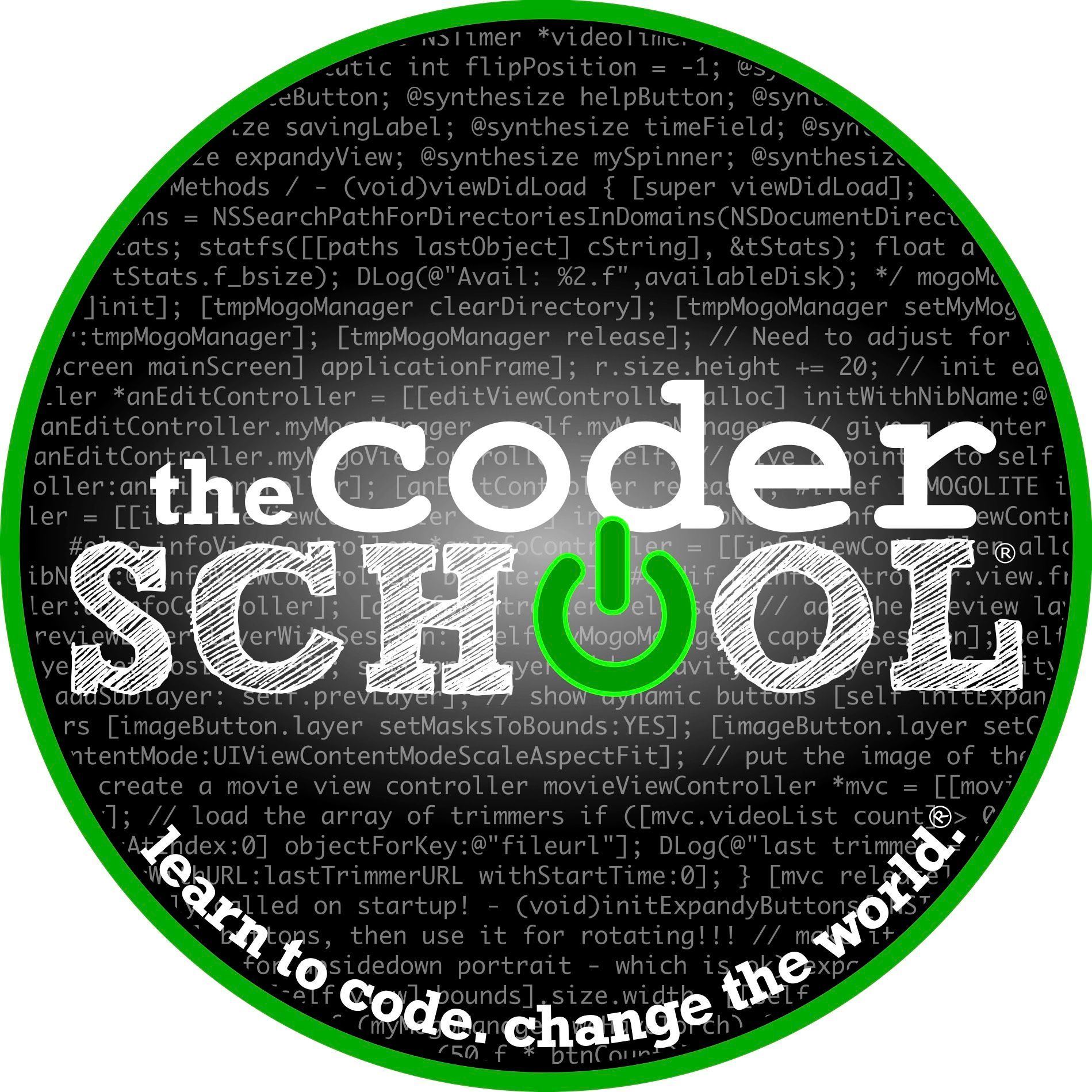 A logo for the coder school that says learn to code change the world