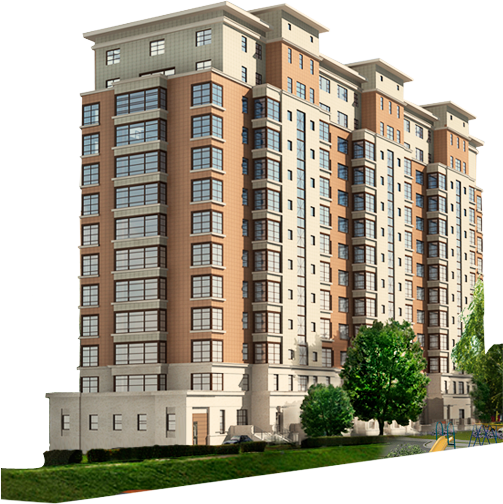 Multi-story apartment building with brick facade and light-colored accents, set on a grassy landscape.