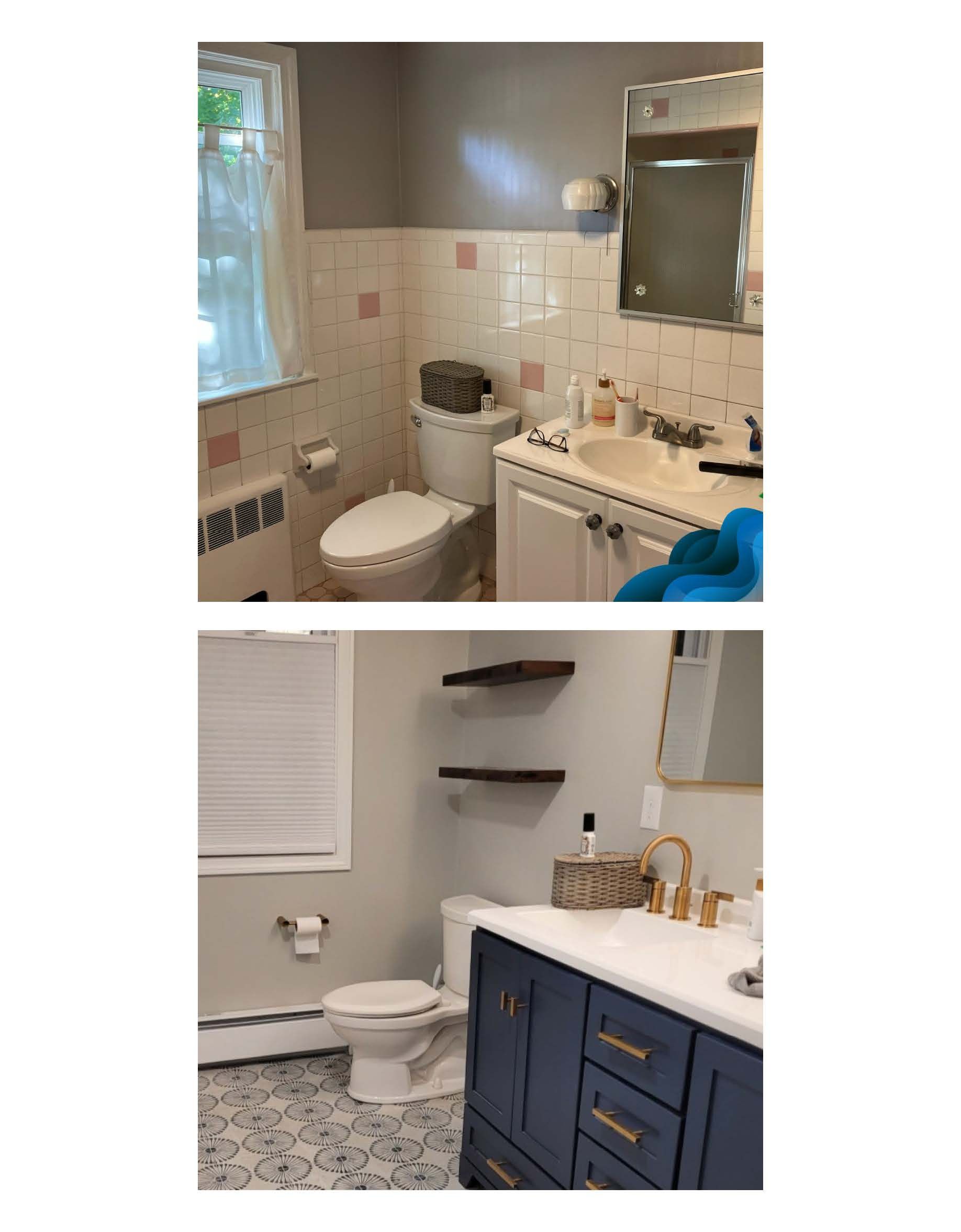 Before and after photos of a bathroom renovation. Gray walls, blue vanity, and updated fixtures.