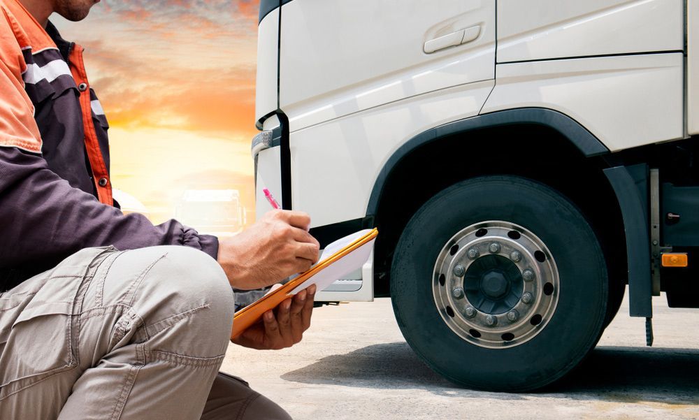 A Man Is Kneeling Next To A Truck And Writing On A Clipboard — Skilled Transport Training And Assessment in Woongarrah, NSW