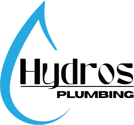 Logo for Hydros Plumbing featuring a blue water droplet and black text on a white background.