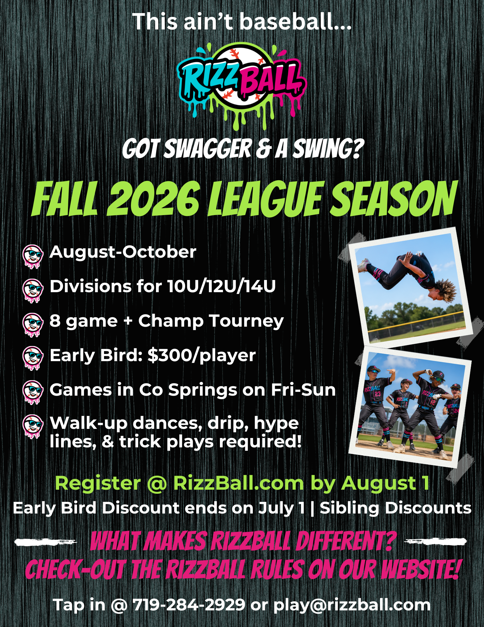 Rizzball fall 2026 league flyer with neon text, game details, and action photos on a black background