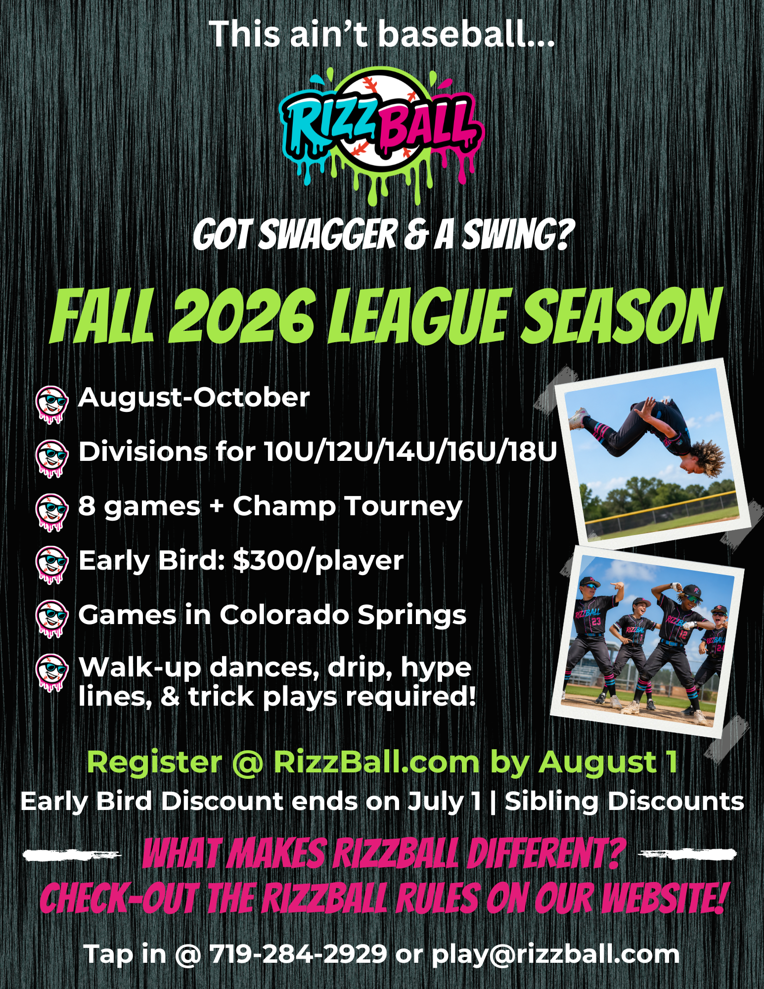 Rizzball fall 2026 league flyer with neon text, game details, and action photos on a black background