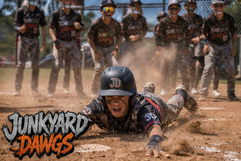 Mud-splattered motocross rider belly-sliding through dirt with team standing behind, “JUNKYARD DAWGS” text