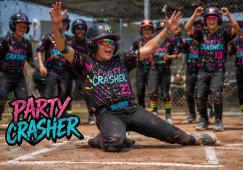 Softball player in black and pink slides into home plate, teammates cheering behind her.