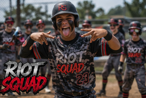 Baseball team in black camo jerseys with red “Riot Squad” text, posing on a field, one player shouting at camera