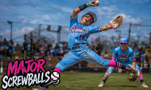 Baseball player in sky-blue uniform dives for a catch on a field; “Major Screwballs” text at lower left.