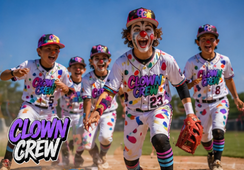 Five runners in colorful clown costumes sprint toward the camera on a dusty trail, smiling and cheering.