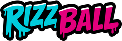 Stylized “RIZZBALL” logo in teal and pink graffiti lettering with a black outline.