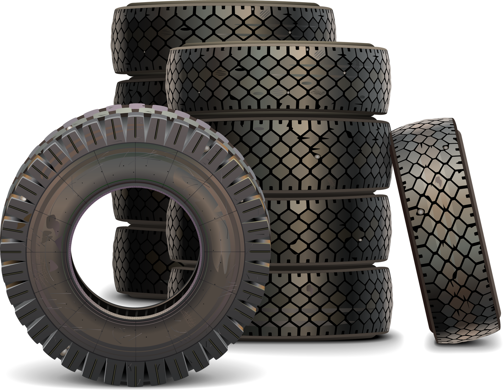 four tires are stacked on top of each other on a white background