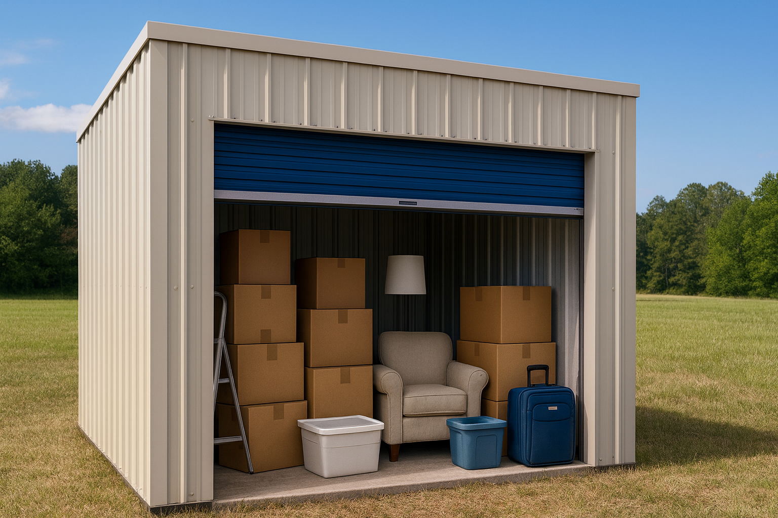 Small steel storage building used for backyard household storage and home organization