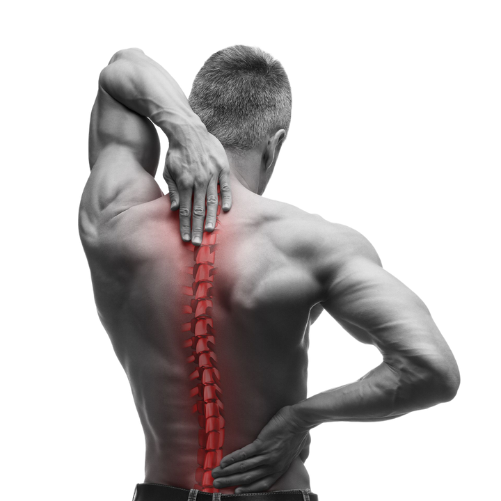 Man clutching his lower back and neck, with a glowing red spine highlighting pain points