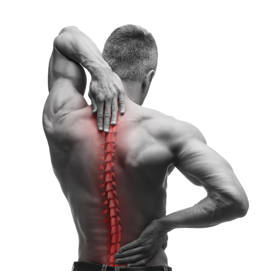 Man clutching his lower back and neck, with a glowing red spine highlighting pain points