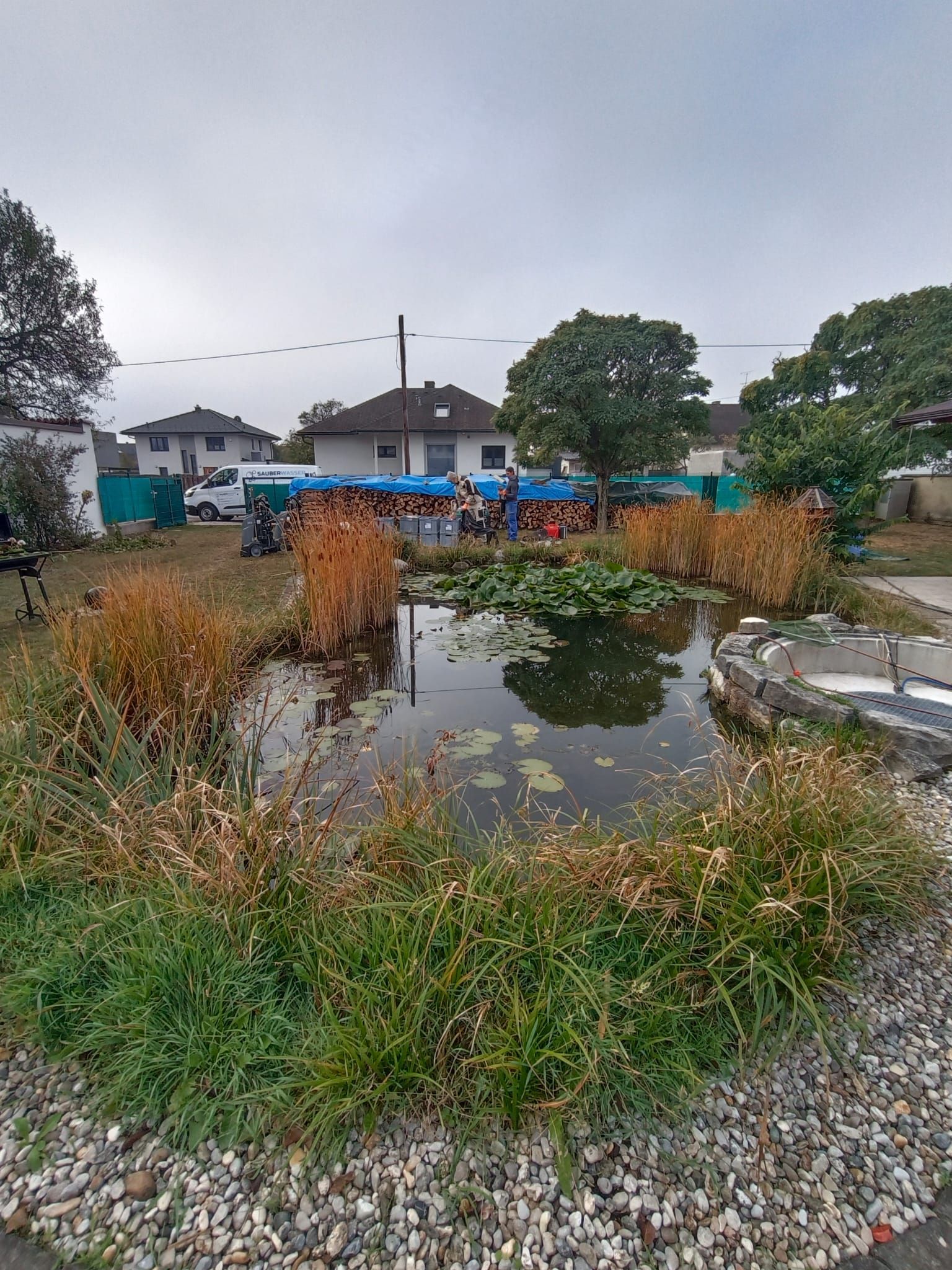 Teich mit umgebender Vegetation; im Hintergrund eine Gruppe von Menschen in der Nähe weißer Gebäude an einem bewölkten Tag.
