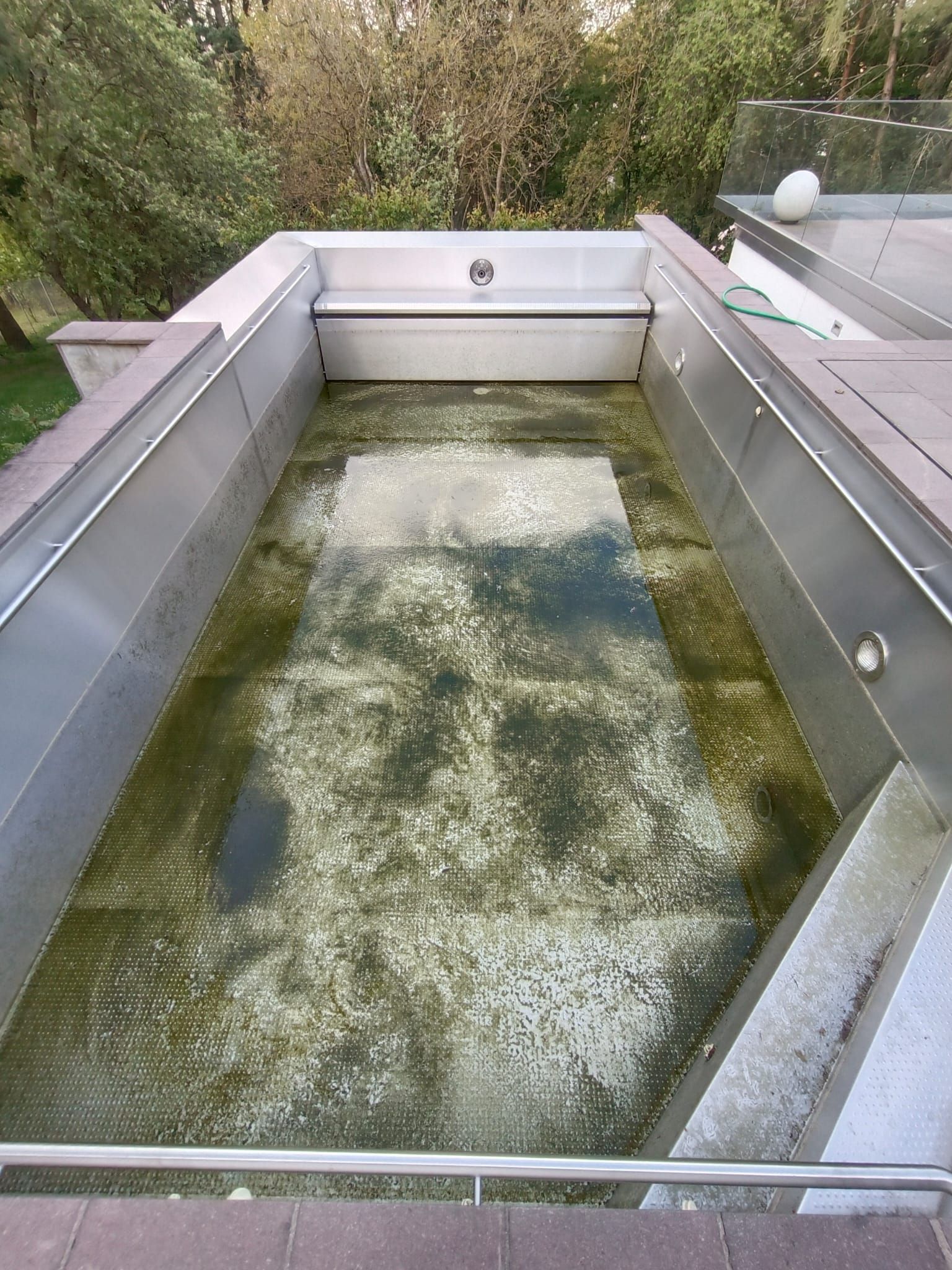 Ein rechteckiger Außenpool mit algenhaltigem Wasser. Edelstahlkanten, ein überdachter Bereich an einem Ende.