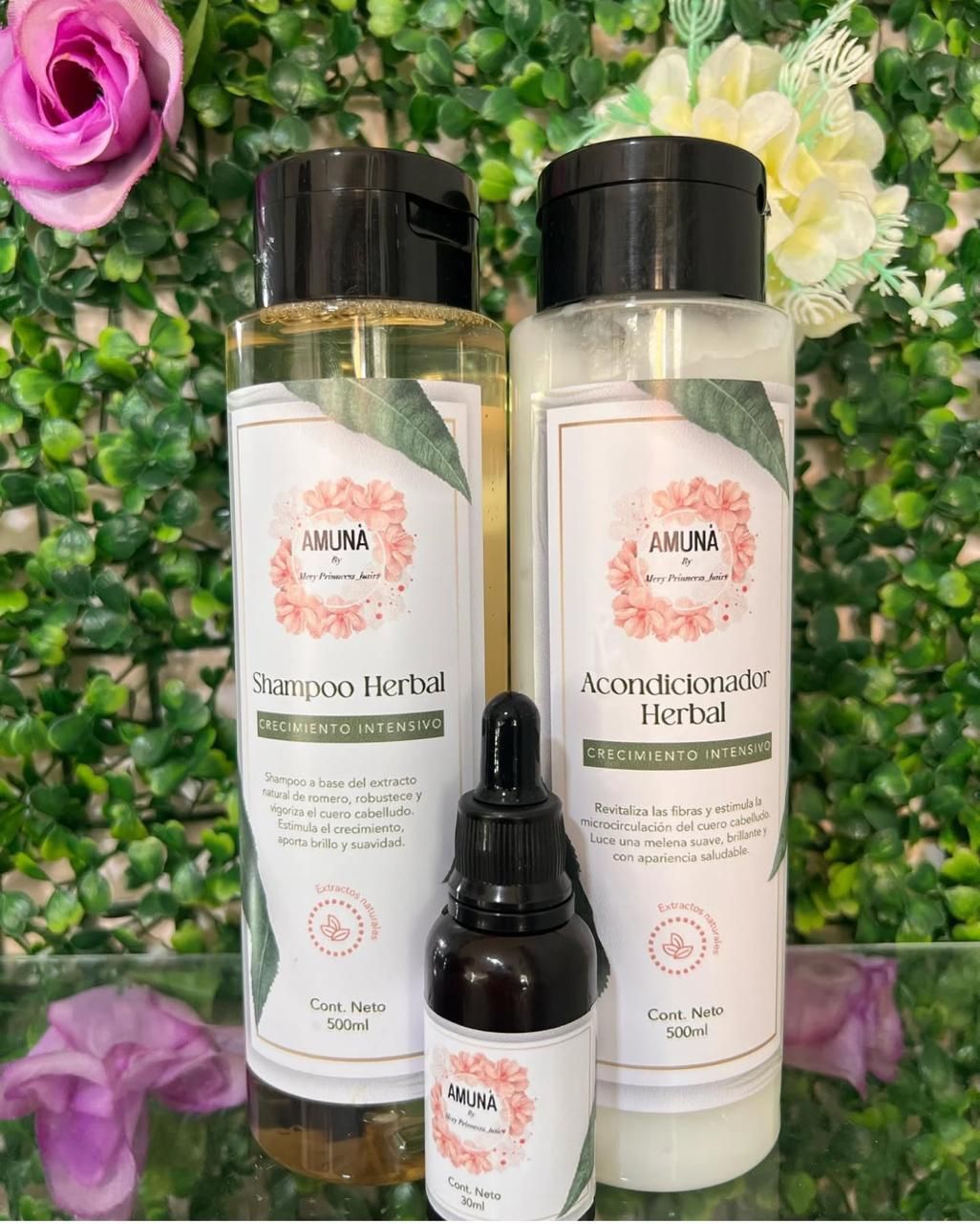 Botellas de champú, acondicionador y aceite con diseño botánico, sobre un fondo floral verde.