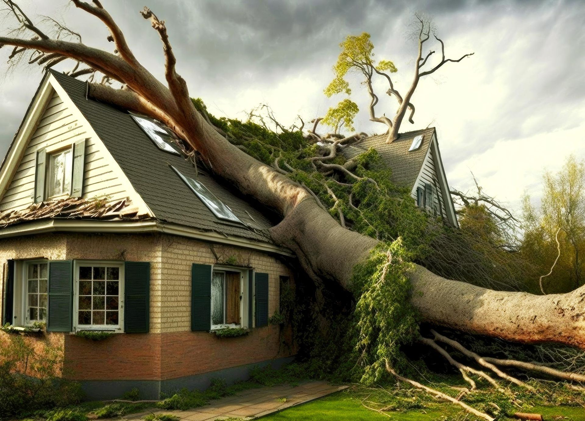 A large tree has fallen on a house, damaging the roof; cloudy sky.