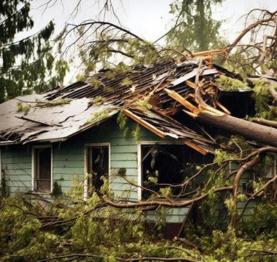 A tree has fallen on a small, light blue house with a damaged roof.