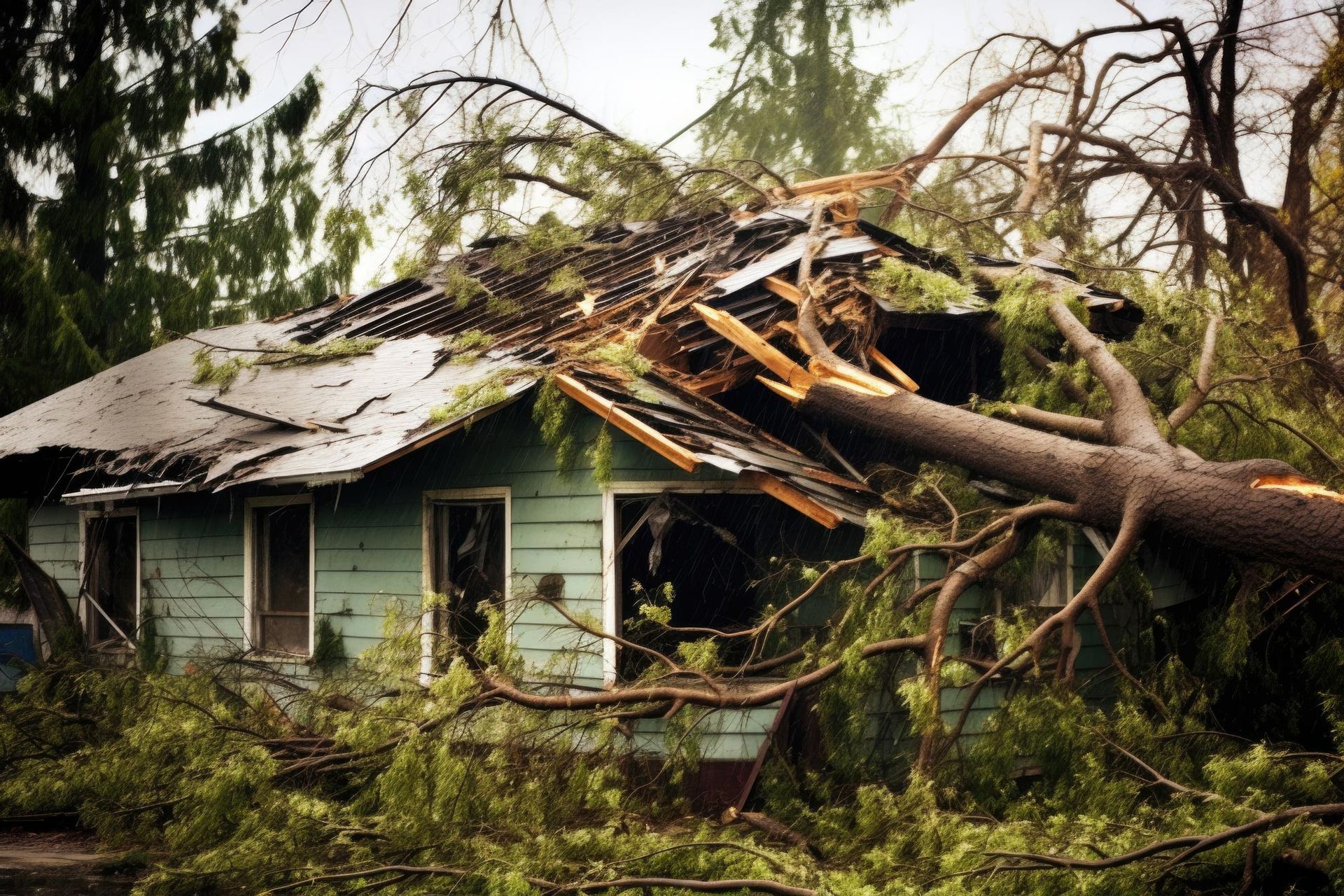 A tree has fallen on a small, light blue house with a damaged roof.