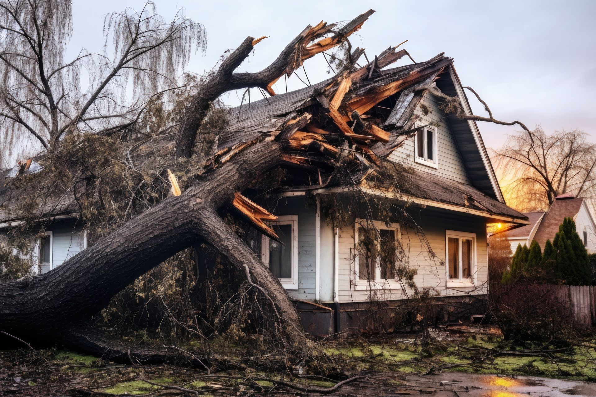 Tree crashed through the roof of a two-story house, causing significant damage to the structure.