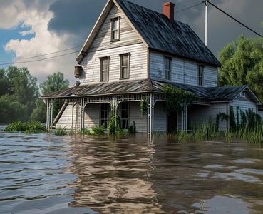 Flooded, weathered house with vines growing; water surrounds the porch and lower level.