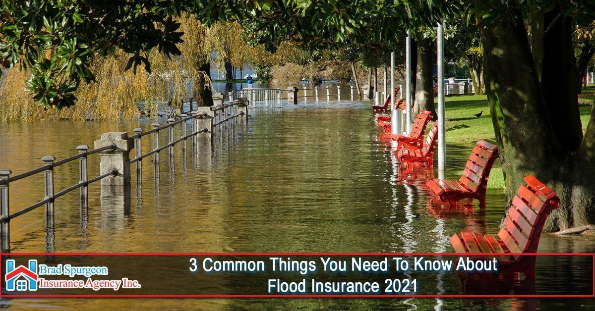 A flooded park with submerged red benches and a text overlay about 2021 flood insurance.