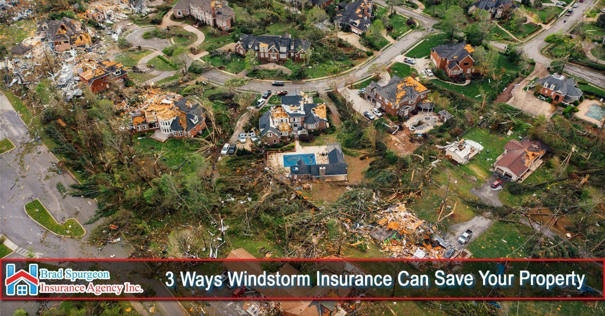 Aerial view of a neighborhood damaged by a windstorm