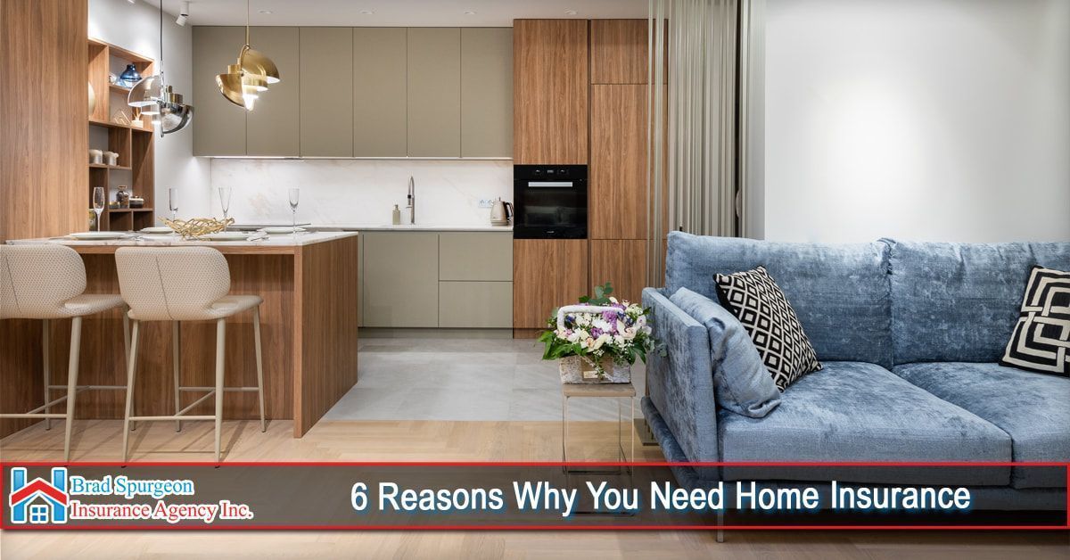 A modern kitchen and living room interior featuring wooden cabinets and a blue sofa