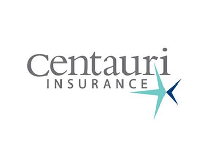 Centauri Insurance logo with gray text and a teal starburst design.