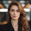 Woman with long auburn hair, wearing a black blazer, gazing directly at the camera. Blurred indoor background.
