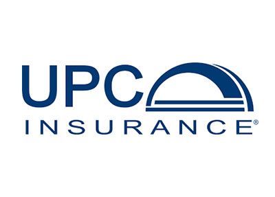 UPC Insurance logo: Blue text and arch symbol on white background.
