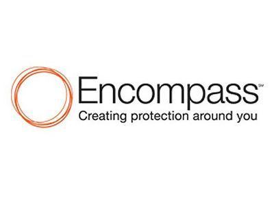 The encompass logo is orange and black and says `` creating protection around you ''.