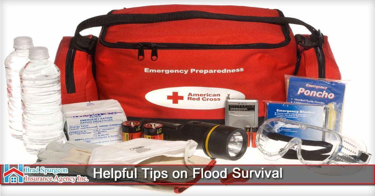 A red American Red Cross emergency bag surrounded by flood survival supplies including water, a flashlight, and poncho.