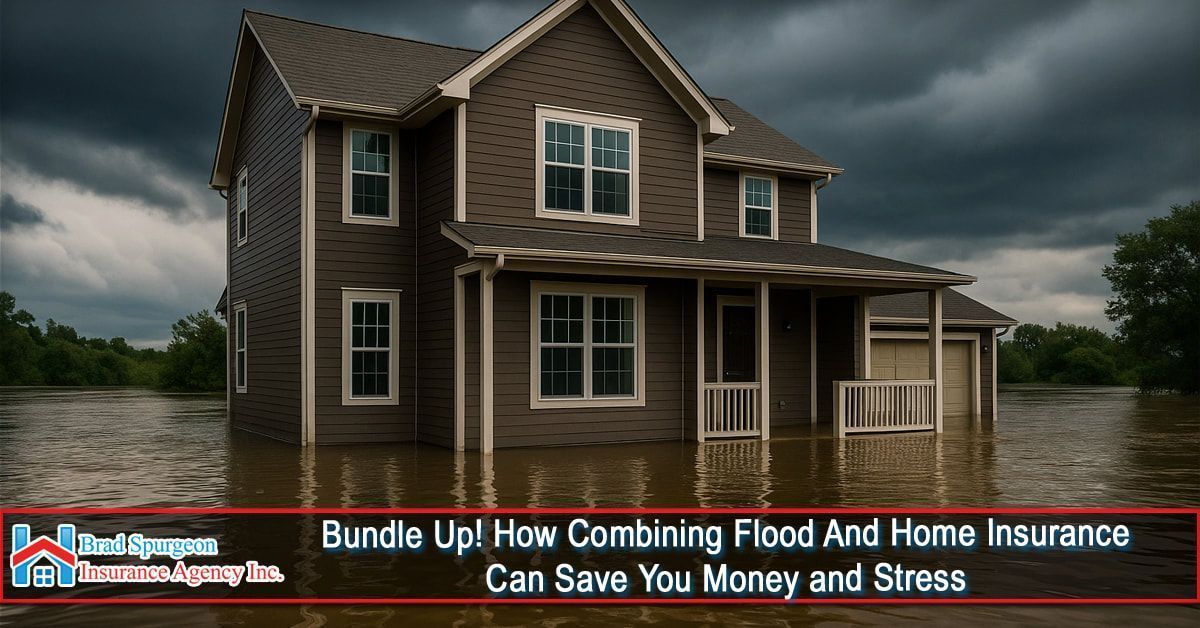 A brown house partially submerged in floodwater under a dark, stormy sky