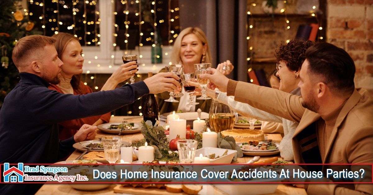 Friends toasting with drinks at a holiday dinner table with text asking if home insurance covers house party accidents.