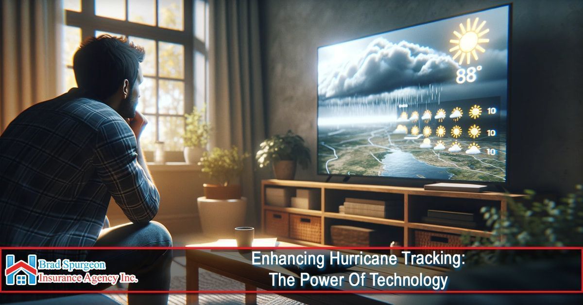 A person sits in a living room, watching a weather forecast for hurricane tracking on a large television screen.