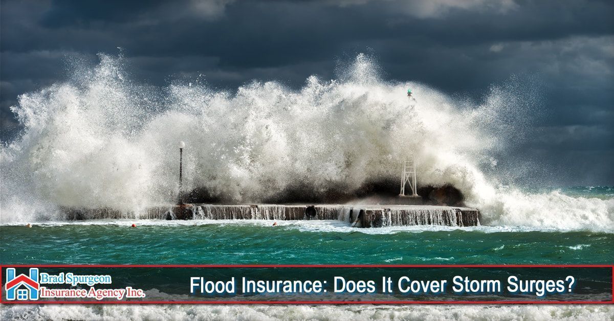 A massive, crashing ocean wave hits a stone pier under a dark, stormy sky, with text asking about flood insurance coverage.
