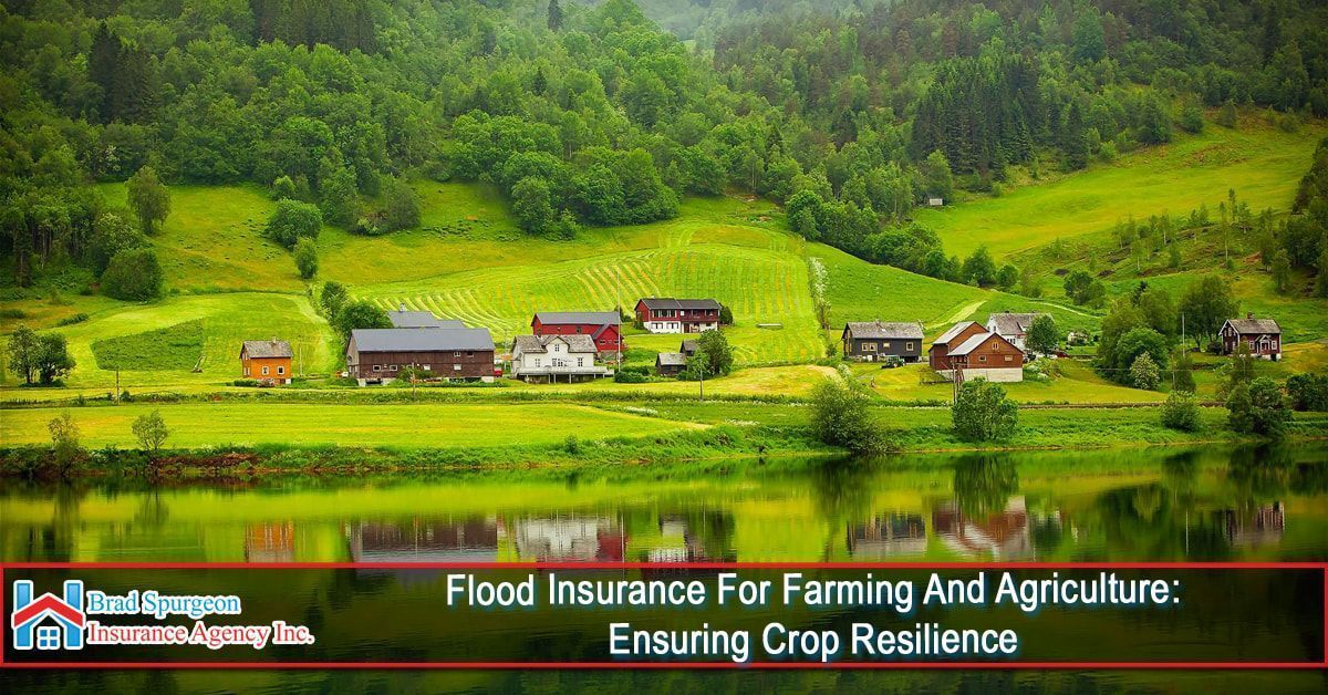 A rural farm landscape with buildings near a lake