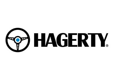 A hagerty logo with a steering wheel on a white background.