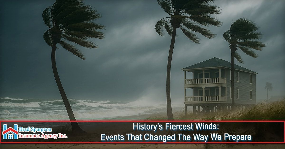 Stormy scene with palm trees swaying in high winds near a beach house, under a dark, heavy sky.
