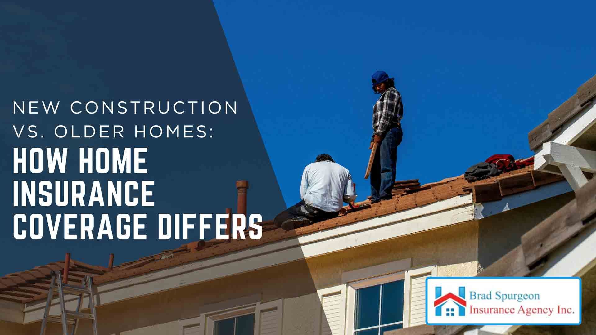 Two construction workers repair a residential roof under a bright blue sky, with overlaid text about home insurance.