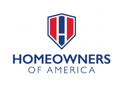 Homeowners of America logo. A blue shield with a red and white vertical 'H'. Dark blue text below.