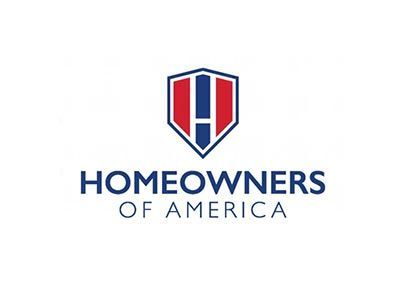 Logo for Homeowners of America: shield with red and blue bars, navy text 